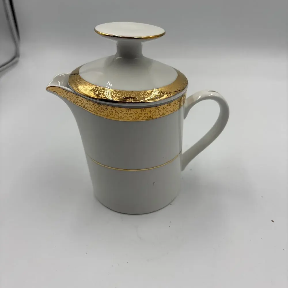 Vintage Sango Porcelain Creamer w/ Lid Georgetown 8455 Gold & White